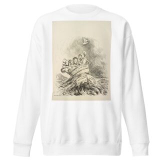 Three men dressed as women with bonnets reading Faith, Hope, and Charity ride on a stormy sea in a washtub labeled ‘The Henry Ford’ by William Henry Walker Sweatshirt