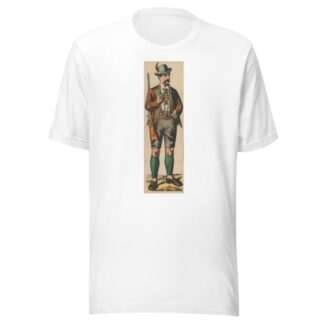 Man in lederhosen and Tyrolean hat holding a rifle over his shoulder by René Ackermann T-Shirt
