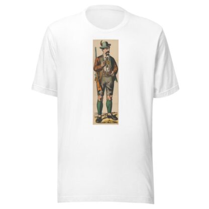 Man in lederhosen and Tyrolean hat holding a rifle over his shoulder by René Ackermann T-Shirt