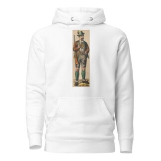 Man in lederhosen and Tyrolean hat holding a rifle over his shoulder by René Ackermann Hoodie
