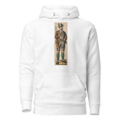 Man in lederhosen and Tyrolean hat holding a rifle over his shoulder by René Ackermann Hoodie