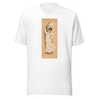 Woman in white dress and coat waving white flag by Eugenia Fidler T-Shirt