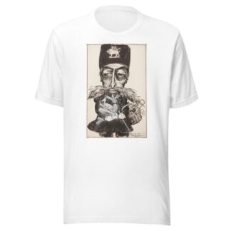 A man with a winged lion on his hat, a very large mustache, and an arm full of package from Paris. by Frank Arthur Nankivell T-Shirt