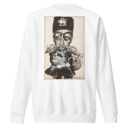 A man with a winged lion on his hat, a very large mustache, and an arm full of package from Paris. by Frank Arthur Nankivell Sweatshirt