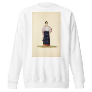 Woman in blue apron, plaid skirt, pink and white striped shirt, white shawl; holding scarf by Justiniano Asuncion Sweatshirt