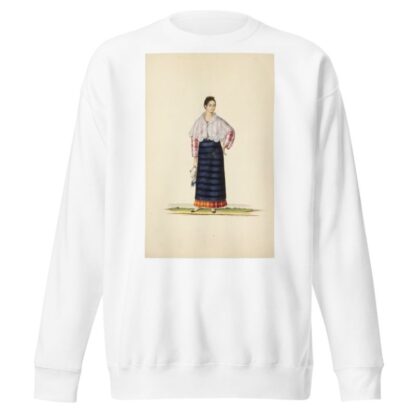 Woman in blue apron, plaid skirt, pink and white striped shirt, white shawl; holding scarf by Justiniano Asuncion Sweatshirt