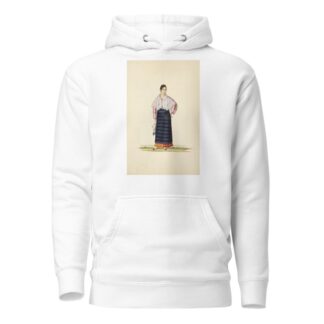 Woman in blue apron, plaid skirt, pink and white striped shirt, white shawl; holding scarf by Justiniano Asuncion Hoodie