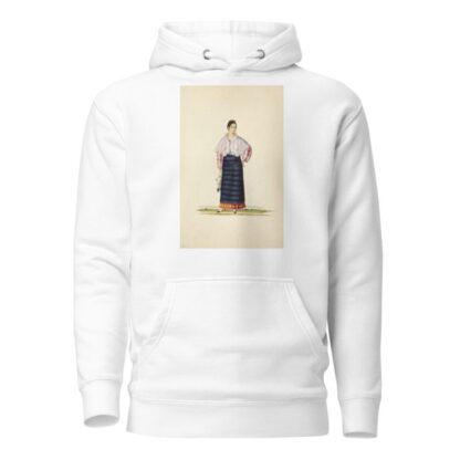 Woman in blue apron, plaid skirt, pink and white striped shirt, white shawl; holding scarf by Justiniano Asuncion Hoodie