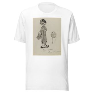 Figure de femme de trois quarts portant une écharpe et un manchon sur une robe longue et un grand chapeau by Anonymous T-Shirt