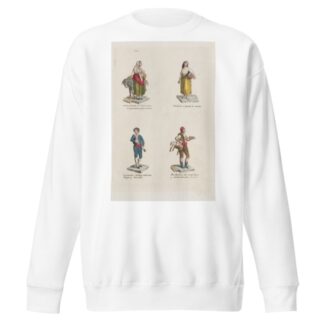 Plate 7; four street vendors from Madrid selling eggs, straweberries, containers, cinamon flavored sweets by Miguel Gamborino Sweatshirt