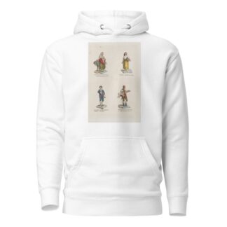 Plate 7; four street vendors from Madrid selling eggs, straweberries, containers, cinamon flavored sweets by Miguel Gamborino Hoodie