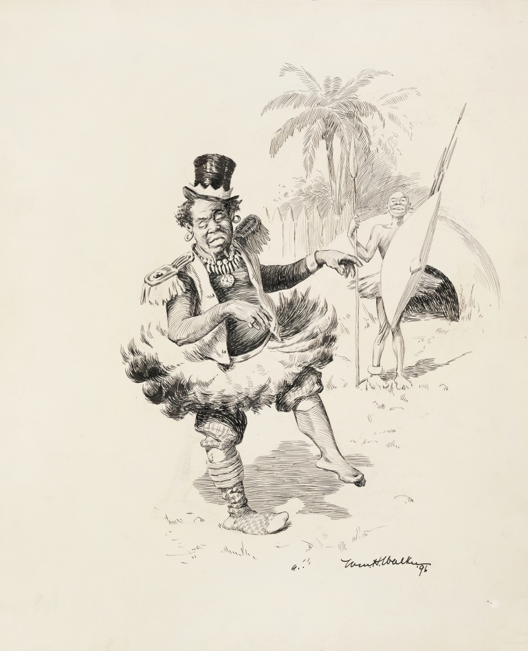 A black man in native dress laughs at another who has mixed native with Western dress. by William Henry Walker