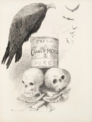 A can of ‘Fresh Canned Meats’ sits on top of human bones. Vultures circle the can, and one sits on it. by Homer Davenport
