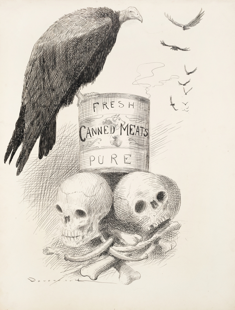 A can of ‘Fresh Canned Meats’ sits on top of human bones. Vultures circle the can, and one sits on it. by Homer Davenport