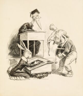 A classroom. The teacher, a stork, is angry at one of his students, an elephant by William Henry Walker