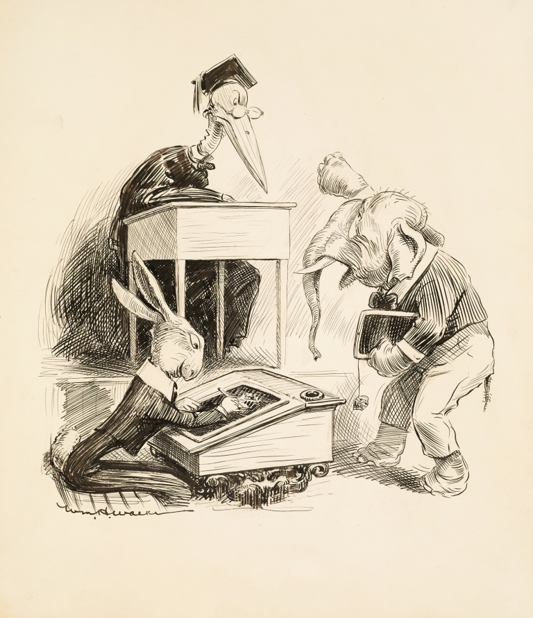 A classroom. The teacher, a stork, is angry at one of his students, an elephant by William Henry Walker