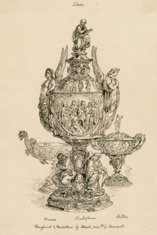 A design for a silver urn, Shakespeare at the top, Burns on the right side and Milton on the left by Robert Hancock