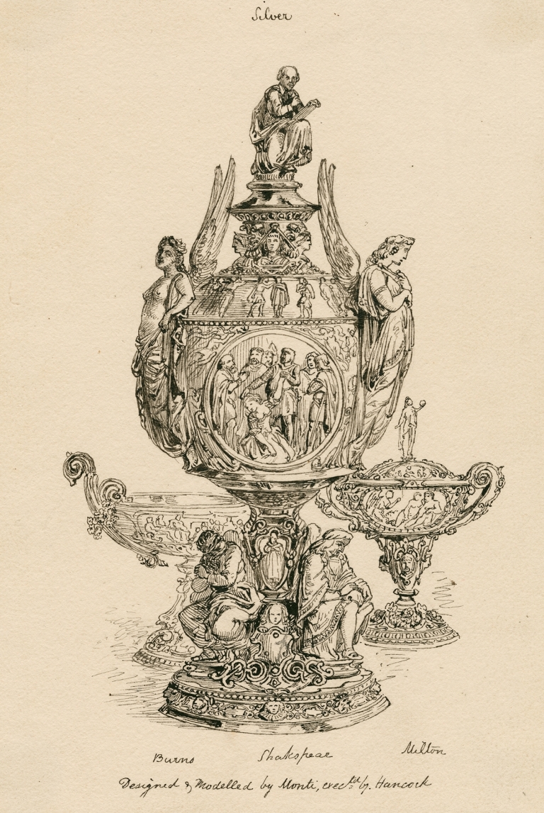 A design for a silver urn, Shakespeare at the top, Burns on the right side and Milton on the left by Robert Hancock