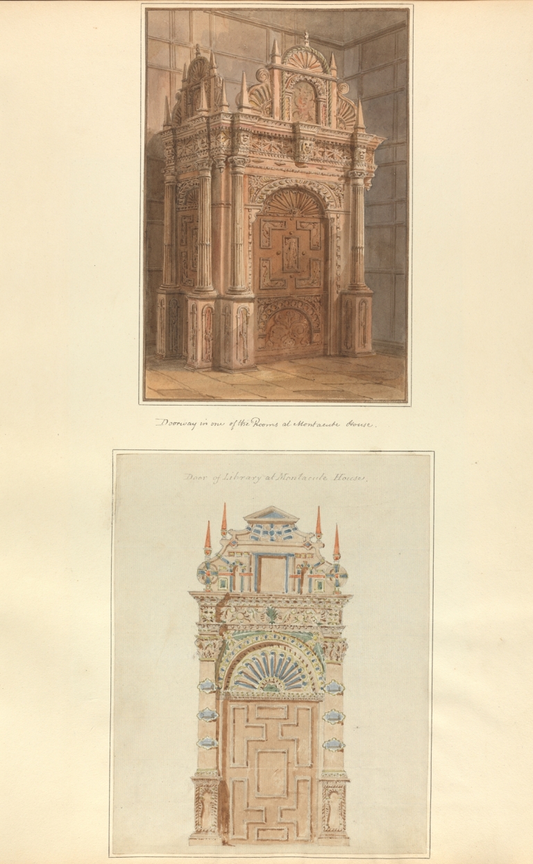 a. Doorway in one of the Rooms at Montacute House : b.Door of Library at Montacute House by John Buckler