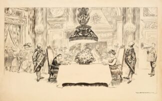 A fancy dinner party where only two guests are seated, eating. The rest stand and watch them. by William Henry Walker