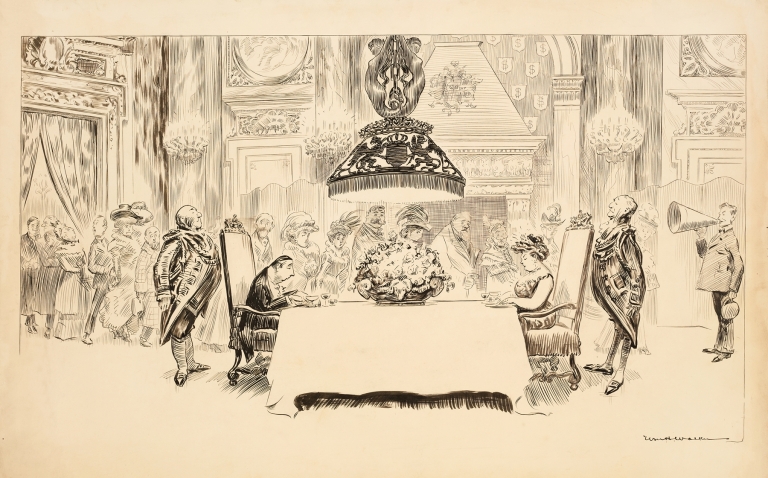 A fancy dinner party where only two guests are seated, eating. The rest stand and watch them. by William Henry Walker