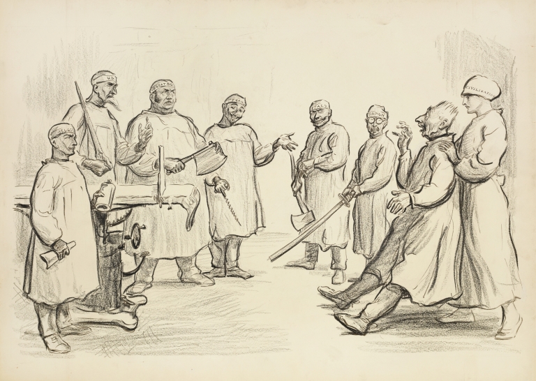 A frightened Kaiser Wilhelm II is pushed into an operating table by a nurse representing civilization by William Henry Walker