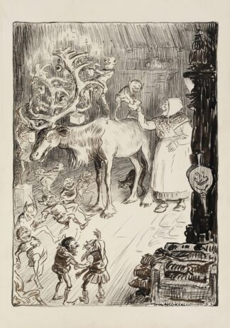 A group of elves hang Christmas decorations on the antlers of a reindeer, aided by a laughing woman by William Henry Walker