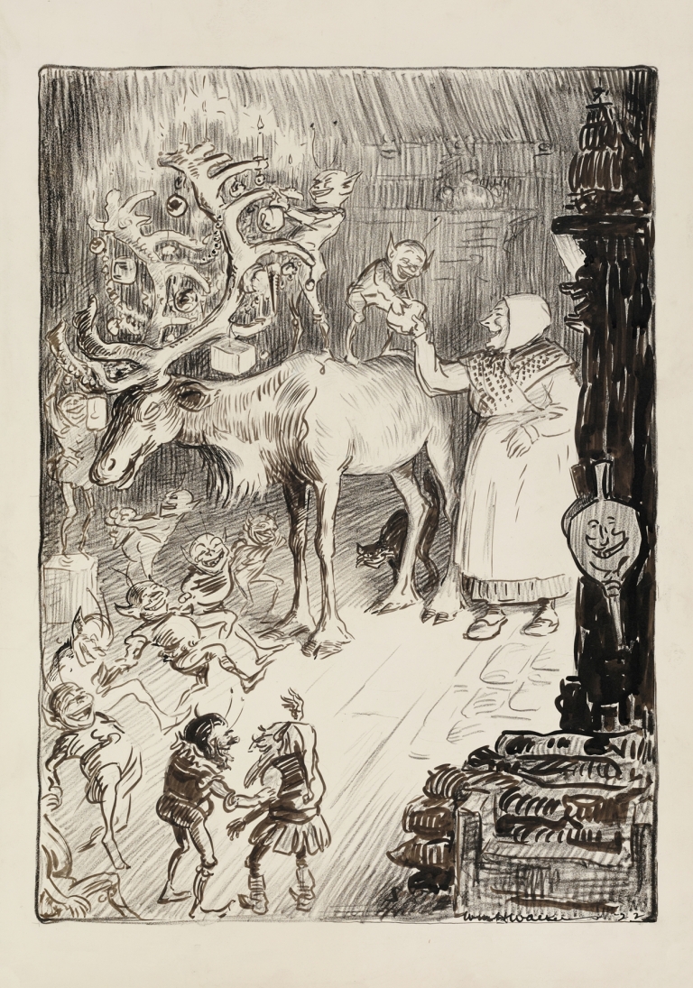 A group of elves hang Christmas decorations on the antlers of a reindeer, aided by a laughing woman by William Henry Walker