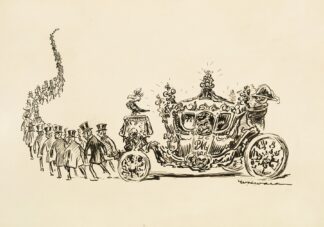 A long line of men in suits and top hats pull an ornate carriage by William Henry Walker
