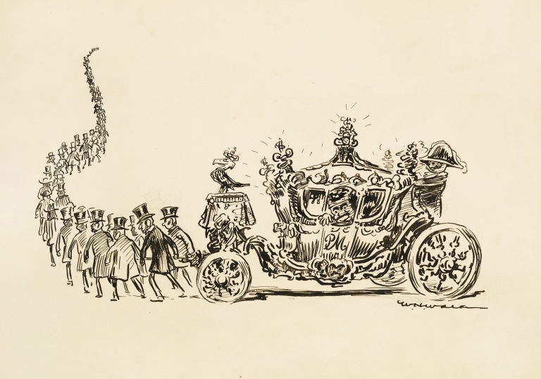 A long line of men in suits and top hats pull an ornate carriage by William Henry Walker