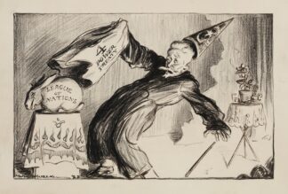 A magician pulls away a cloth representing the 4 Power Treaty and reveals a rabbit representing the League of Nations by William Henry Walker