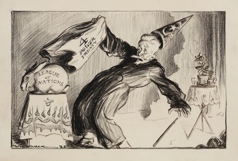 A magician pulls away a cloth representing the 4 Power Treaty and reveals a rabbit representing the League of Nations by William Henry Walker