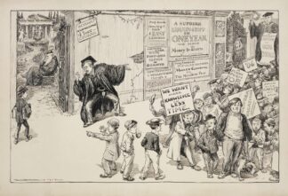 A man advertises a college education in one year, where students learn how to get rich, and has attracted a crowd of interested boys by William Henry Walker