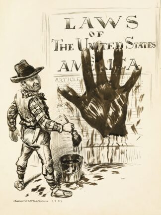 A man dressed like a Westerner paints a large black hand on the Laws of the United States. by William Henry Walker