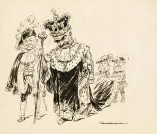A man in a crown and robes, both decorated with dollar signs, and a scepter with the American eagle on top by William Henry Walker