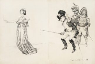 A man in military uniform, cheered on by two others, stabs a woman representing the Civil Service with his sword. by William Henry Walker