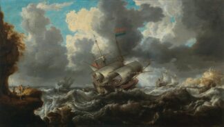 A man o’war in choppy seas with soldiers on an outcrop nearby by Bonaventura Peeters the Elder