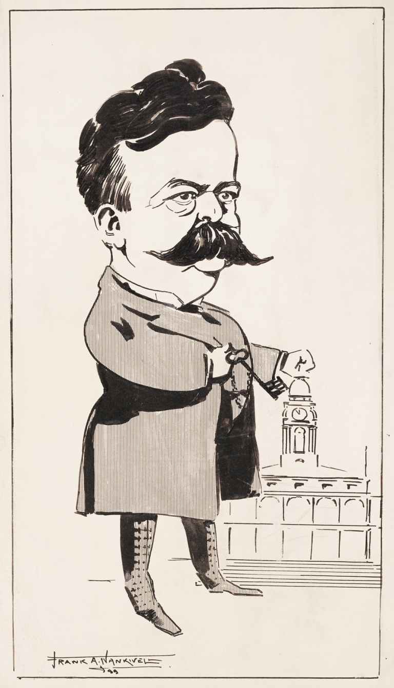 A man with a key in one hand and his fist on a capitol building. by Frank Arthur Nankivell