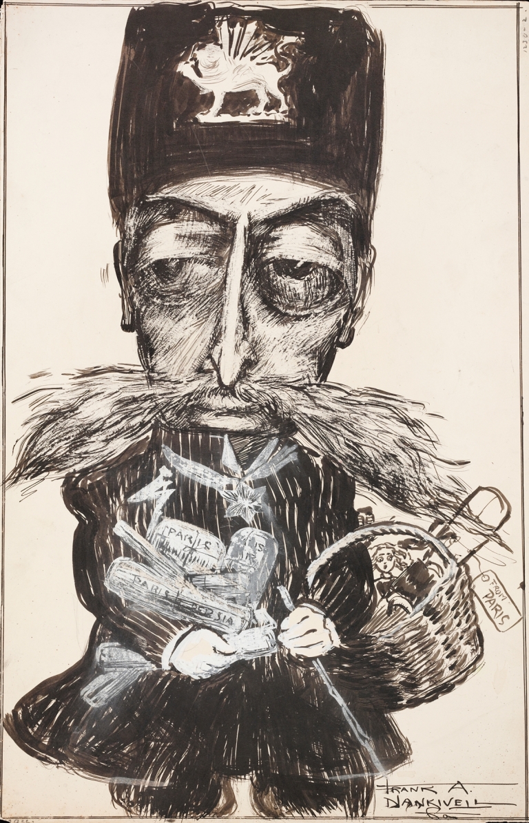 A man with a winged lion on his hat, a very large mustache, and an arm full of package from Paris. by Frank Arthur Nankivell