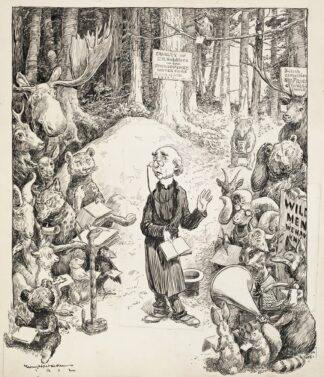 A minister preaches in the forrest to a group of animals, most of them taking notes by William Henry Walker