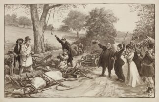A motorist pleads for his life as a crowd prepares to lynch him for causing an accident with a horse and wagon, killing a woman. by William Henry Walker