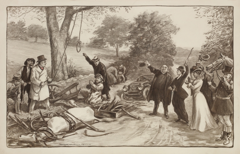 A motorist pleads for his life as a crowd prepares to lynch him for causing an accident with a horse and wagon, killing a woman. by William Henry Walker