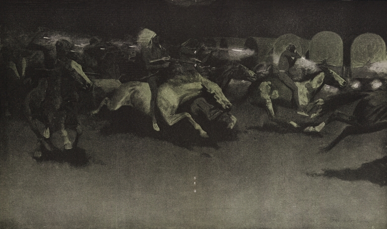 A night attack on a government wagon train by Frederic Remington