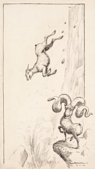 A ram with huge horns tips over because of the weight, while a ram with much smaller horns laughs. by William Henry Walker