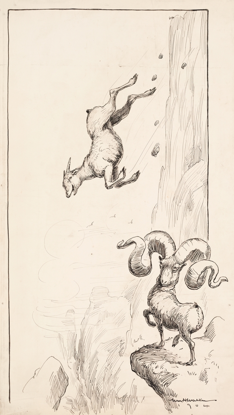 A ram with huge horns tips over because of the weight, while a ram with much smaller horns laughs. by William Henry Walker