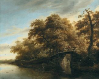A river landscape with a fisherman on a bridge by Roelof Jansz. van Vries