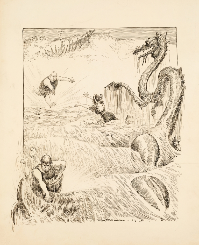 A ship representing Democracy has been wrecked by a Chinese dragon by William Henry Walker