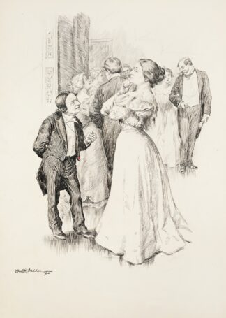 A short man talks to a stern taller woman at a party. by William Henry Walker