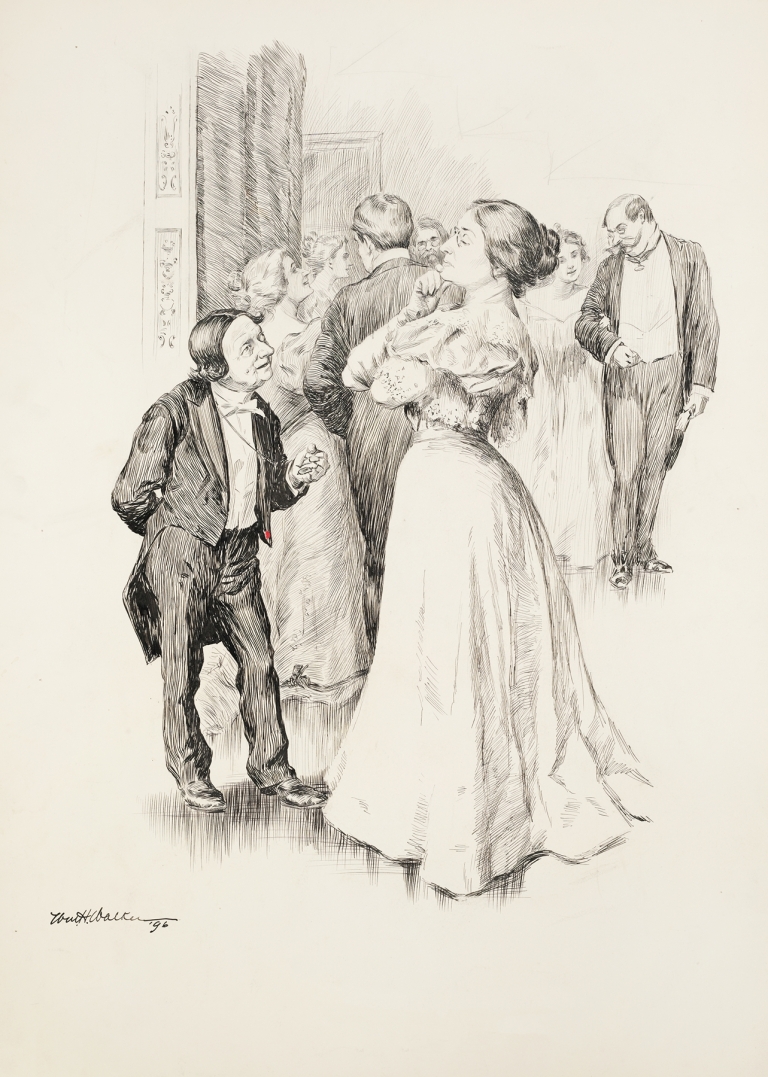 A short man talks to a stern taller woman at a party. by William Henry Walker