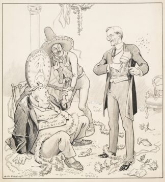 A smiling President Woodrow Wilson brushes himself off after a wedding party and addresses three tired figures by Louis Glackens